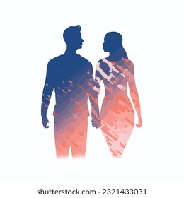 Abstract couple silhouette with vitiligo of different nationalities standing together. Vector concept to support people living with vitiligo and to build awareness about chronic skin disorder.
