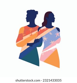 Abstract couple silhouette with vitiligo of different nationalities standing together. Vector concept to support people living with vitiligo and to build awareness about chronic skin disorder.