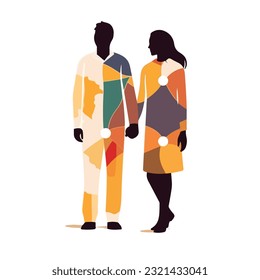 Abstract couple silhouette with vitiligo of different nationalities standing together. Vector concept to support people living with vitiligo and to build awareness about chronic skin disorder.