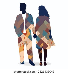 Resumen de silueta de pareja con vitiligo de diferentes nacionalidades de pie juntos. Concepto vectorial para apoyar a las personas que viven con vitiligo y para crear conciencia sobre el trastorno cutáneo crónico.