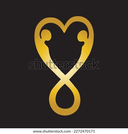 Abstract couple silhouettes with bodies in infinity shape and form a heart on upper side. Infinite love, care and protection gold symbol isolated on black background.