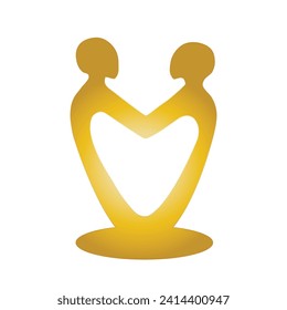 Abstract couple silhouettes in heart shape, gold icon isolated on white background. Eternal love marriage symbol.