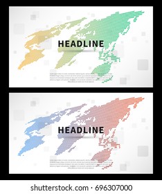 Abstract cover with colorful world map vector illustration. Title pages with decorative elements and world map for presentation, book cover, flyer graphic design. Wide screen format creative concept.