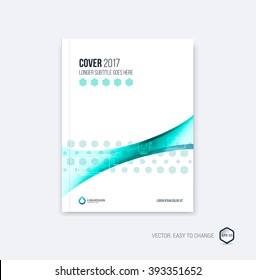 Abstract cover design, business brochure template layout, report, magazine or booklet in A4 with blue green dynamic blurred waves, soft lines and shapes. Vector.