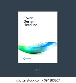 Abstract cover design, business brochure template layout, report, magazine or booklet in A4 with blue green dynamic blurred smooth waves, soft lines and shapes. Vector.