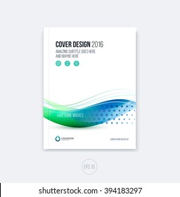 Abstract cover design, business brochure template layout, report, magazine or booklet in A4 with blue green dynamic blurred waves, soft lines and smooth shapes. Vector.