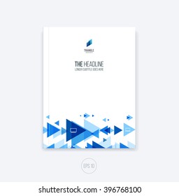 Abstract cover design, business brochure template layout, report, magazine or booklet in A4 with blue moving triangular geometric shapes on white background. Vector Illustration.