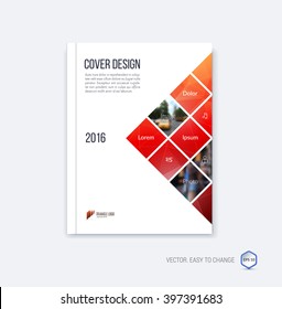 Abstract cover design, business brochure template layout, report, magazine or booklet in A4 with red and pink square geometric shapes on polygonal background. Vector Illustration.