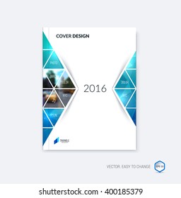 Abstract cover design, business brochure template layout, report, magazine or booklet in A4 with blue moving triangular geometric shapes on polygonal background. Vector Illustration.