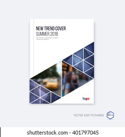 Abstract cover design, business brochure template layout, report, booklet in A4 with blue purple diagonal triangular geometric shapes on polygonal background. Creative vector Illustration.