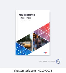 Abstract cover design, business brochure template layout, report, booklet in A4 with blue red diagonal triangular geometric shapes on polygonal background. Creative vector Illustration.