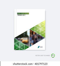 Abstract cover design, business brochure template layout, report, booklet in A4 with green ecology diagonal triangular geometric shapes on polygonal background. Creative vector Illustration.