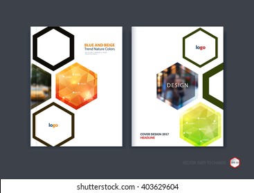 Abstract cover design, business brochure template layout, report, booklet in A4 with red orange, green and lime hexagonal geometric shapes on polygonal background. Creative vector Illustration.