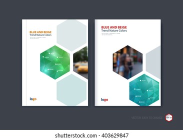 Abstract cover design, business brochure template layout, report, booklet in A4 with turquoise and bright blue green hexagonal geometric shapes on polygonal background. Creative vector Illustration.