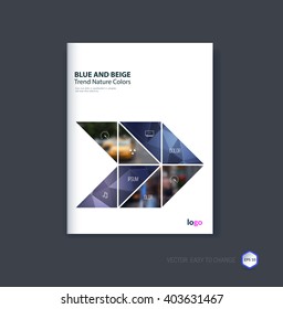 Abstract cover design, business brochure template layout, report, booklet in A4 with dark blue purple triangular geometric arrow on polygonal background. Creative vector Illustration.