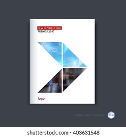 Abstract cover design, business brochure template layout, report, booklet in A4 with blue triangular geometric arrow on polygonal background. Creative vector Illustration.