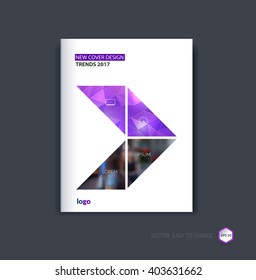 Abstract cover design, business brochure template layout, report, booklet in A4 with pink purple triangular geometric arrow on polygonal background. Creative vector Illustration.