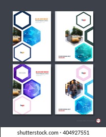 Abstract cover design, business brochure template layout, report, booklet in A4 with blue hexagonal geometric shapes on polygonal background. Creative vector Illustration.