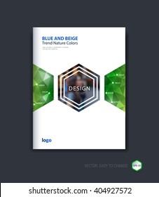 Abstract cover design, business brochure template layout, report, booklet in A4 with green eco hexagonal geometric shapes on polygonal background. Creative vector Illustration.