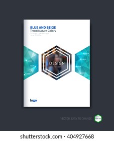 Abstract cover design, business brochure template layout, report, booklet in A4 with turquoise green hexagonal geometric shapes on polygonal background. Creative vector Illustration.