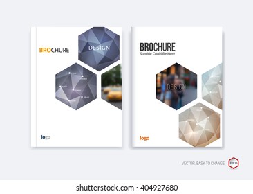 Abstract cover design, business brochure template layout, report, booklet in A4 with dark blue and beige hexagonal geometric shapes on polygonal background. Creative vector Illustration.