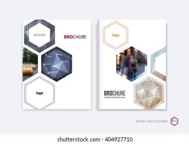 Abstract cover design, business brochure template layout, report, booklet in A4 with dark blue and beige hexagonal geometric shapes on polygonal background. Creative vector Illustration.
