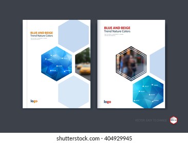 Abstract cover design, business brochure template layout, report, booklet in A4 with blue hexagonal geometric shapes on polygonal background. Creative vector Illustration.