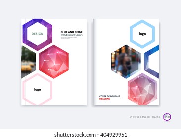 Abstract cover design, business brochure template layout, report, booklet in A4 with blue  red hexagonal geometric shapes on polygonal background. Creative vector Illustration.