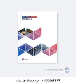 Abstract cover design, business brochure template layout, report, booklet in A4 with red blue triangular zig zag geometric shapes on polygonal background. Creative vector Illustration.