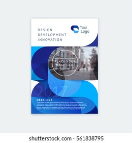 Abstract cover design, business brochure template, layout, report, magazine or booklet A4 with logo and a place for text and photo. Blue geometric waves, soft lines and smooth shape. Vector.