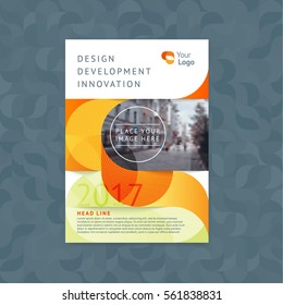 Abstract cover design, business brochure template, layout, report, magazine or booklet A4 with logo and a place for text and photo. Orange and olive geometric waves, soft lines and smooth shape.