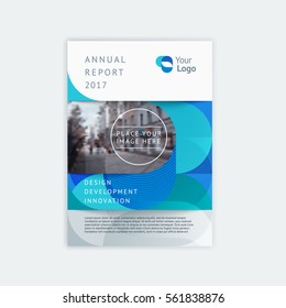 Abstract cover design, business brochure template, layout, report, magazine or booklet A4 with logo and a place for text and photo. Blue and turquoise geometric waves, soft lines and smooth shape.