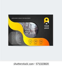 Abstract cover design, business brochure template, layout, report, magazine or booklet A4 with logo and a place for text and photo. Black and orange geometric waves, soft lines and smooth shape.