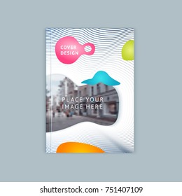 Abstract cover design, business brochure template, layout, report, magazine or booklet in A4. Waves dynamic blurred, soft lines, smooth forms. Vector illustration with logo and place under the photo.