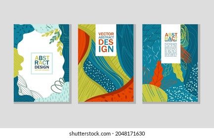 Diseño de portada abstracta con formas creativas y conjunto de vectores de hojas florales