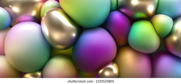 Abstract cover design. Modern poster with iridescent and golden soft body bubbles. Vector 3d illustration of squeezed multicolored spheres. Geometric background. Trendy banner. Liquid color stones