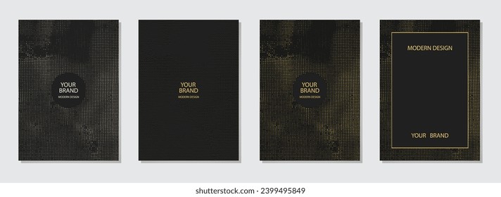 Abstrakter Cover-Design-Set. Schwarze Hintergründe, goldene Grunge-Struktur. Geometrisches, einzigartiges 3D-Reliefmuster. Sammlung von Vektorgrafik-Vorlagen für kreative Ideen und Kreativität.