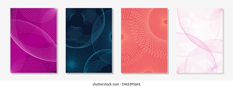Abstract cover design set. Patterns of overlapping spirals (guilloche) in light colors on pink,blue,orange and white background. Vector layout for business background, certificate, brochure template