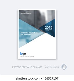 Abstract cover design template for annual report. Brochure or leaflet in A4 with blue triangular shapes for business technology in material design style with overlay effect. Vector illustration. 