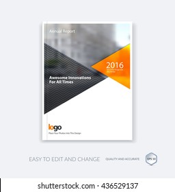 Abstract cover design template for annual report. Brochure or leaflet in A4 with orange triangular shapes for business technology in material design style with overlay effect. Vector illustration. 