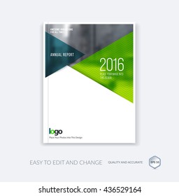 Abstract cover design template for annual report. Brochure or leaflet in A4 with turquoise triangular shapes for business technology in material design style with overlay effect. Vector illustration. 
