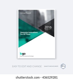 Abstract cover design template for annual report. Brochure or leaflet in A4 with green triangular shapes for business technology in material design style with overlay effect. Vector illustration. 