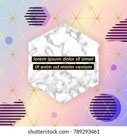 Abstract cover design white marble texture card, Vector gradient blue and pink with gold lines, memphis elements pattern background, place your text. Template for your designs, banner, invitation, par