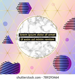 Abstract cover design white marble texture card, Vector gradient blue and pink with gold lines, memphis elements pattern background, place your text. Template for your designs, banner, invitation, par