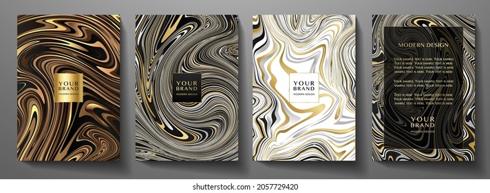 Abstract cover, frame design set.  Vector background collection with black, gold, white  line pattern (marble texture). Template for invitation, wedding card, menu design, notebook