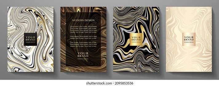 Abstract Cover, Frame Design Set. Vector Background Collection With Black, Gold, White Line Pattern (marble Texture). Template For Invitation, Wedding Card, Menu Design, Notebook