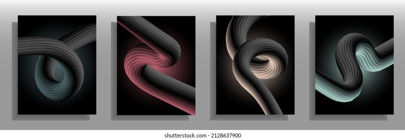 Abstract cover set with bending and curving cords. For notebooks, planners, brochures, books, catalogs etc. Dark background. Vector illustration.