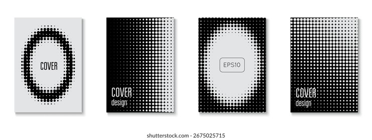 Conjunto de cubierta Abstractas. Patrón de marca. Concepto Futuro En Mínimo Diseño. Marco Lineal Con Diseño Geométrico. Plantilla de puntos negros. Flyer Gráfico Blanco Y Negro. Cubierta Abstractas blanca