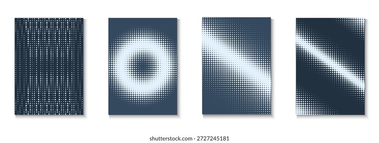 Conjunto de cubierta Abstractas. Círculos Frescos En Mínimo Diseño. Marca Joven En Marco Minimalista. Volador de puntos. Póster minimalista de negocios. Plantilla de semitono geométrico. Cubierta Abstractas de moda