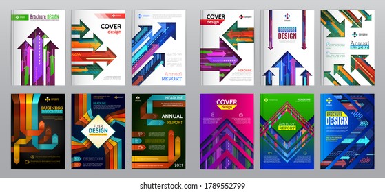 Abstract cover set of diagonal, vertical and horizontal colorful arrows. Modern minimalism business patterns templates.